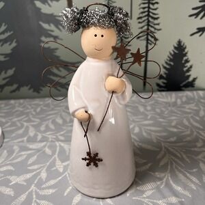 Handmade Ceramic Figurine Wire-Winged Angel With Curly Hair Holding 2 Stars 8"